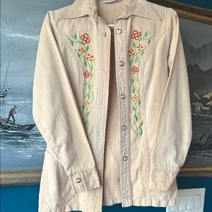 Vintage Galliano Embroidered Floral Jacket Peach Beige Cotton Twill Jean Jacket